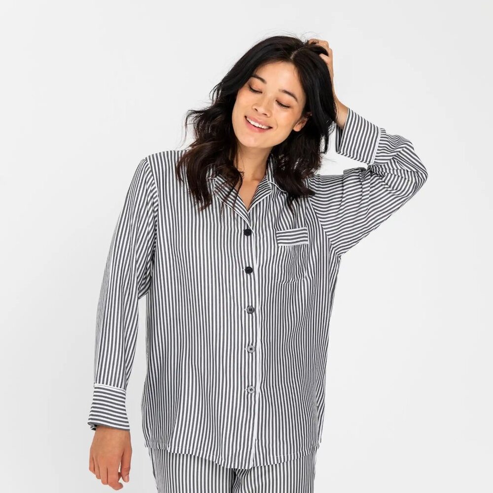 BOGO NWT Ettitude Sateen Long Sleeve PJ Shirt Slate Stripes Size Small